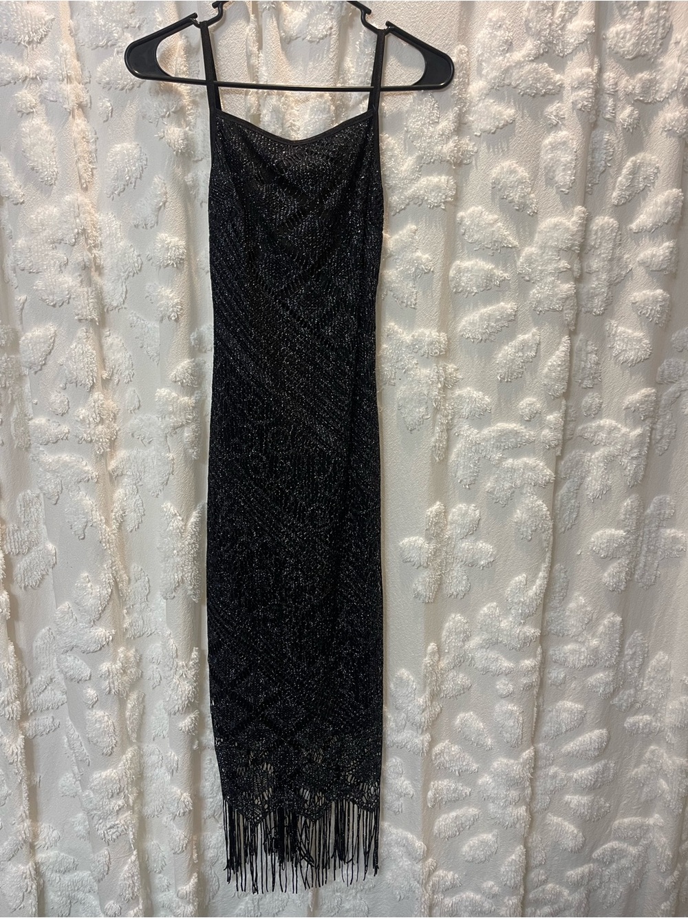 Vintage Hourglass semi sheer knit maxi dress with fringe hem and open back